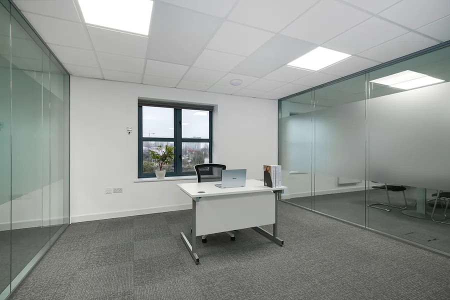 Private single-person office at Workhub Fern Road, Sandyford, Dublin, with glass partition walls